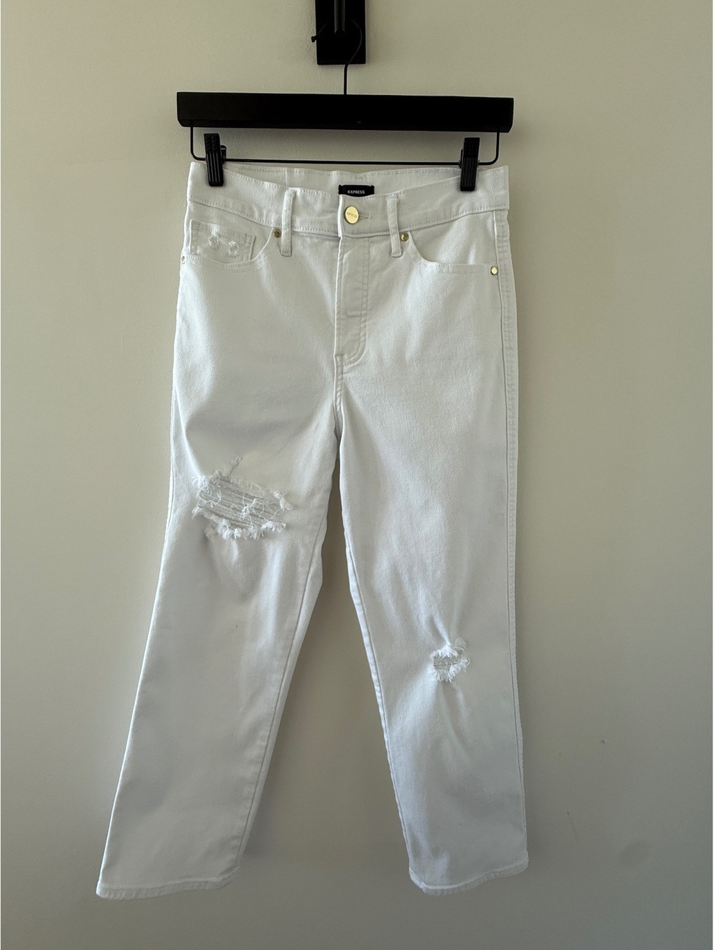 Express White Distressed Straight Leg Jeans | Size 4R